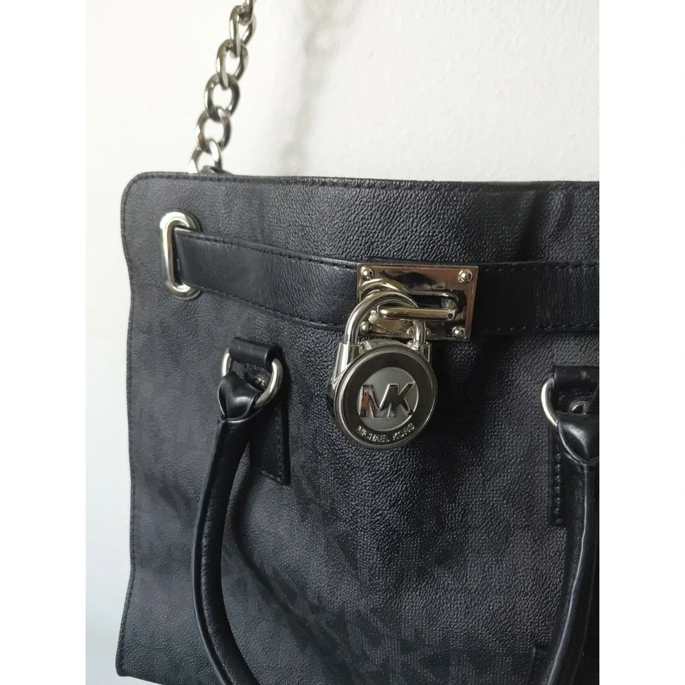 MICHAEL KORS Hamilton Saffiano Satchel Medium Black Leather Silver Accents